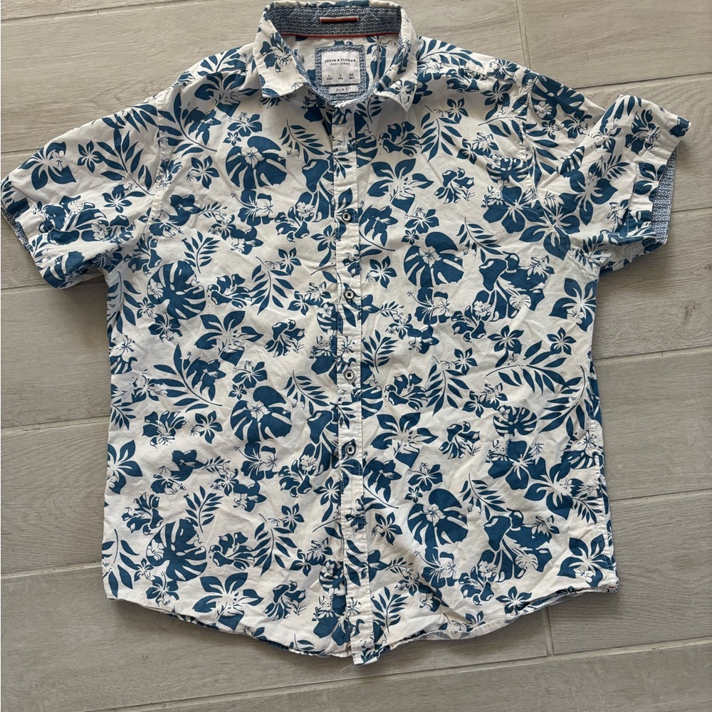 Denim & Flower White Shirt with Blue Tropical Print